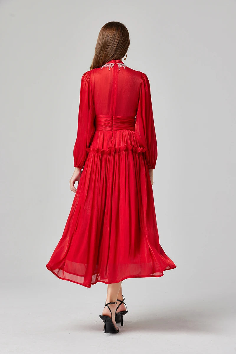 Französisch Luxus Kristall Perlen Quaste Glanz Roben Urlaub Frauen stehen Laterne Ärmel Rüschen plissiert formale Gelegenheit Ballkleid 622.