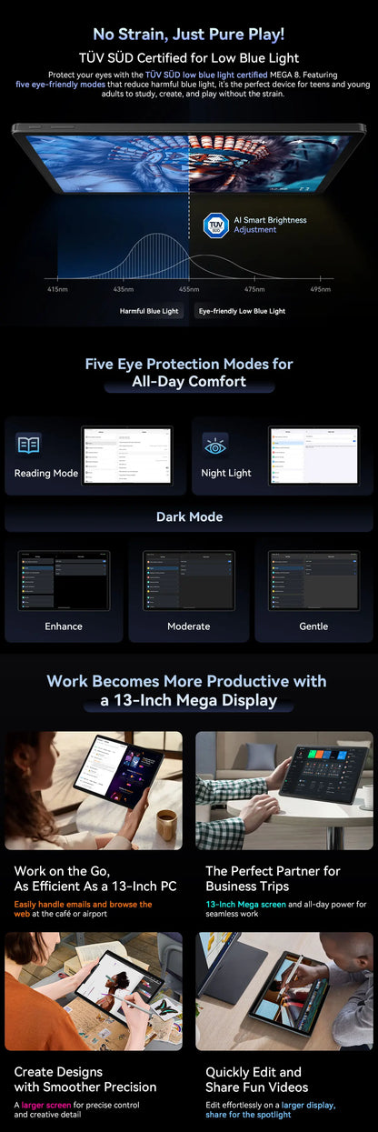 Blackview MEGA 8 Tablet 13‘’ 2K FHD Display, Octa Core T620 Android 15, 12GB RAM, 512GB ROM, 50MP + 13MP Camera, 11000 mAh