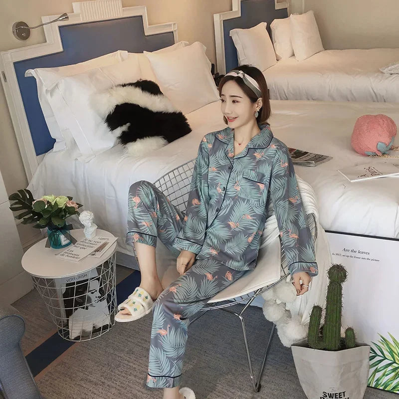 Damen-Pyjama-Set, V-Ausschnitt, Button-Down-Oberteil und Hose, Nachtwäsche, Homewear, lässige Nachtwäsche, Loungewear, Herbst-Winter, zweiteilig.