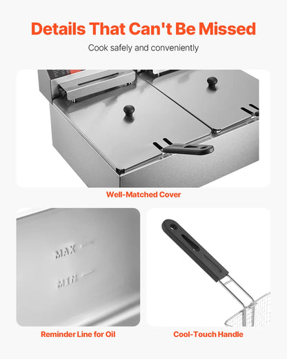 SucceBuy 12L 5000W elektrische Fritteusen, zwei Tanks mit Doppelkorb und Deckel, doppelte Fritteuse, einstellbare Temperaturregelung