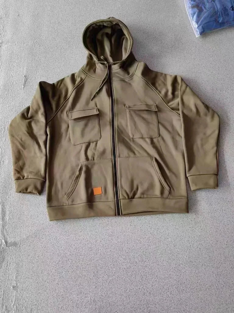 New Autumn Winter Men's Hooded Solid Hoodies Jackets Multi Pockets Male Zipper Sweatshirts Sports Outdoor Casual Hoodie Coat.