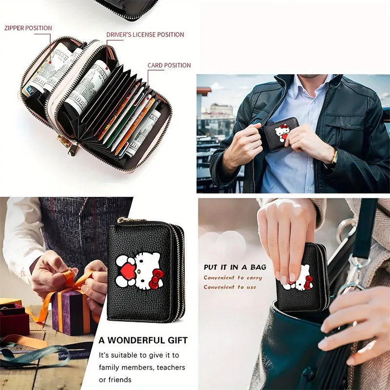 Hello Kitty Kuromi Zipper Wallet with Multi-slots PU Leather Slim Card Holder for Women Cute Gift with Bill Pocket.