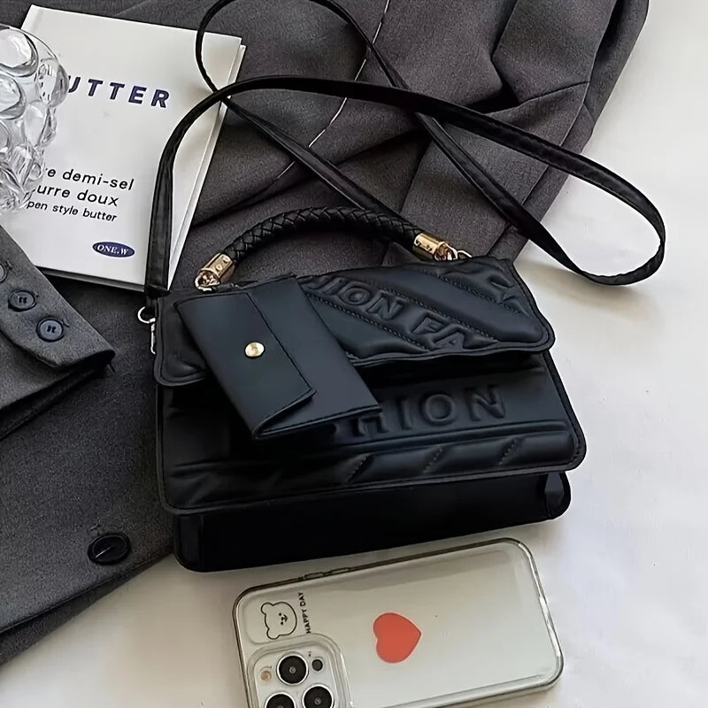 1pc Trendy Quilted Handbag with Adjustable Strap, Stylish Black Shoulder Purse for Women with Mini Coin Pouch, Crossbody Purse.