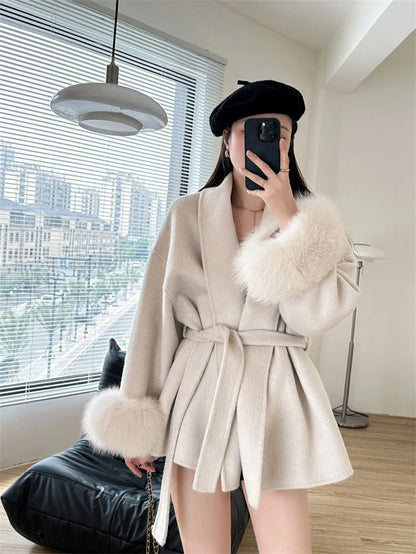 Mode Woolen Jacke mit gürtel Frauen Mantel 2025, Neue Herbst Winter Temperament Lose Strickjacke Weibliche Outwear