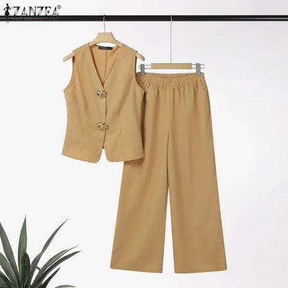 ZANZEA 2025 Summer Outfits Women Fashion Matching Sets V Neck Sleeveless Tanks Tops Trousers Suit 2PCS Solid Work OL Tracksuits.