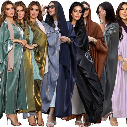 Ramadan Dubai Pink Satin Modest Open Butterfly Batwing Kimono Abaya Cardigan Islam Muslim Dress For Women Kebaya Robe Musulmane.