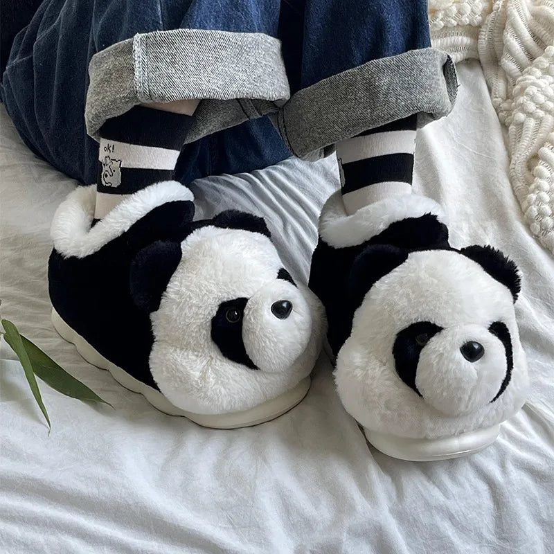 New Women Indoor Fluffy Slippers Cute Cartoon Panda Winter Warm Shoes For Couples Soft Plush Light Weight Women Men Home Slipper.