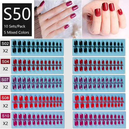 10 Sets/Pack Mixed Solid Colors Coffin Round Square Almond Shape False Nails Full Cover Nail Tips Short Fake Nails Tip Manicure.