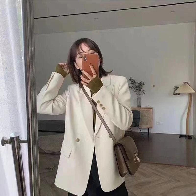 Koreanische Weiß Anzug Mantel Frauen Elegante Langarm Revers Blazer für Frau Herbst Winter Einzigen Taste Einfarbig Business Jacke.