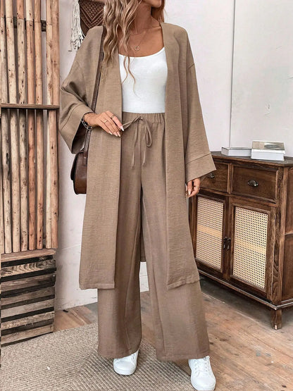 Clothes Autumn open-collar Solid Color Long Loose Top + Drawstring Wide-leg Trousers Trajes De Mujer Conjunto 2 Piezas Elegantes.