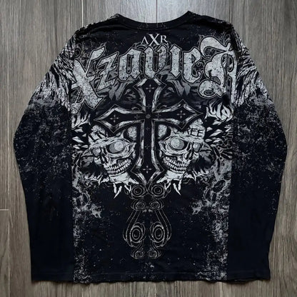 Retro Cross Print American T-shirt  Cotton Round Neck Breathable Shirt Hip Hop Couple American Goth Cross skull print  T Shirts.