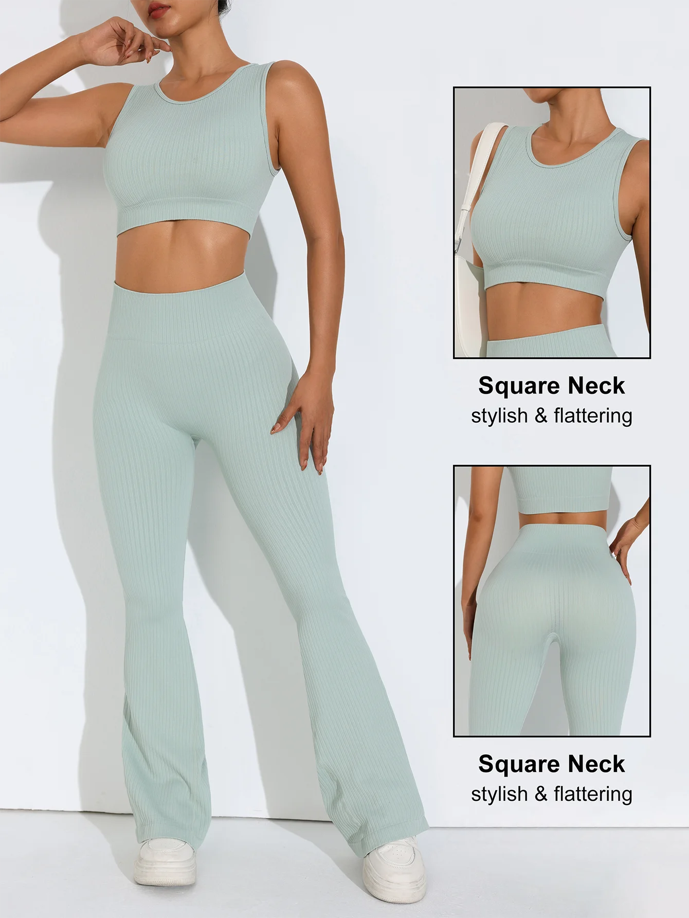2 pcs/set Seamless Flare Pants Set Ribbed Tank Top Outfit Women's Clothing Breathable Flared Trousers Yoga-to-Street Athleisure.