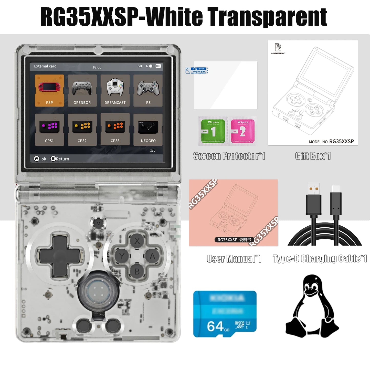 ANBERNIC RG35XXSP Retro Handheld Game Console 3.5-inch IPS Screen 3300mAh Battery Supports HDMI-TV Out and Bluetooth 4.2 5K Game.