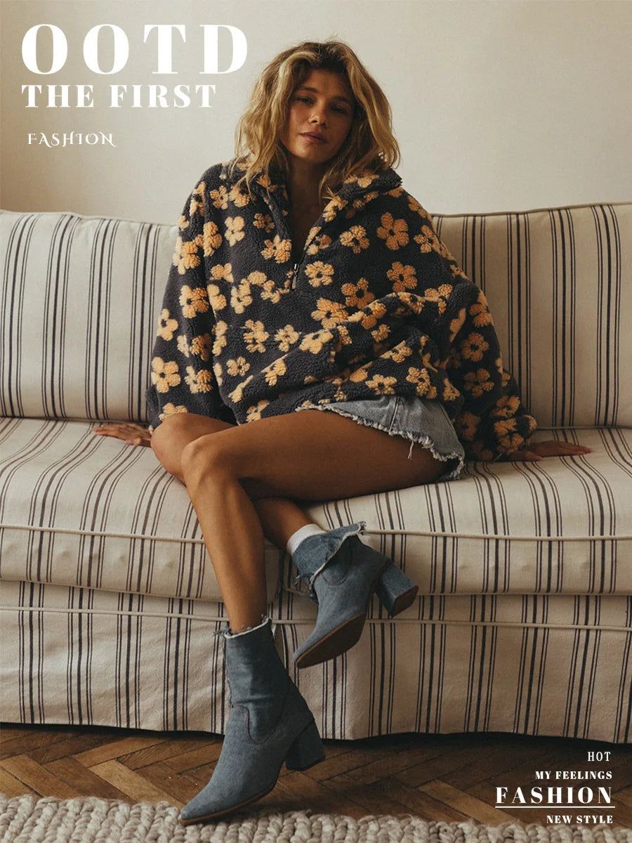 Sumuyoo Autumn Winter Women's Sherpa Floral Pullover Hoodies Half Zip Style Loose Fit Warm Stylish New Sweatshirt.