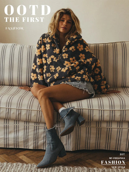 Sumuyoo Autumn Winter Women's Sherpa Floral Pullover Hoodies Half Zip Style Loose Fit Warm Stylish New Sweatshirt.