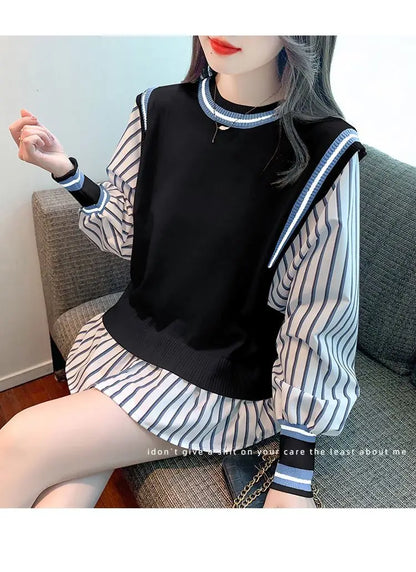 Autumn Preppy Style Patchwork O-neck Fake Two Pieces Top Tee Female Casual Striped Long Sleeve Sweatshirts Women Clothes Tshirt