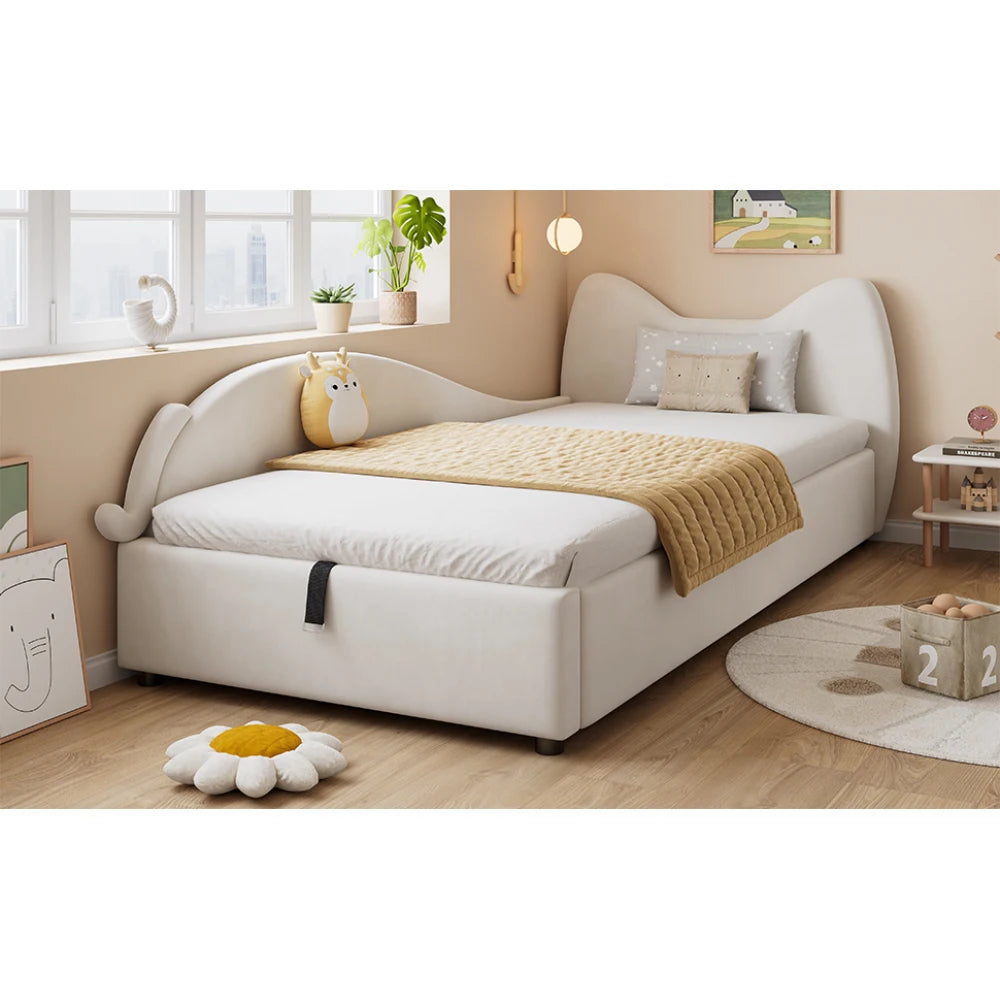 Polsterbett, Einzelbett, süßes Katzendesign, hydraulisches Bett mit Stauraum und Gürtelgriffen, stabiler Gitterrost, 90 x 200 cm