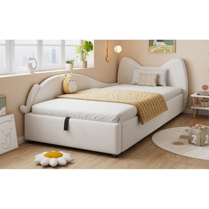 Polsterbett, Einzelbett, süßes Katzendesign, hydraulisches Bett mit Stauraum und Gürtelgriffen, stabiler Gitterrost, 90 x 200 cm