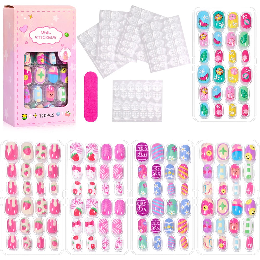 120Pcs Children's Press on Nails Kids Cartoon Acrylic Fake Nails Tips Kawaii Girl Full Cover Short False Nails With Jelly Glue#@