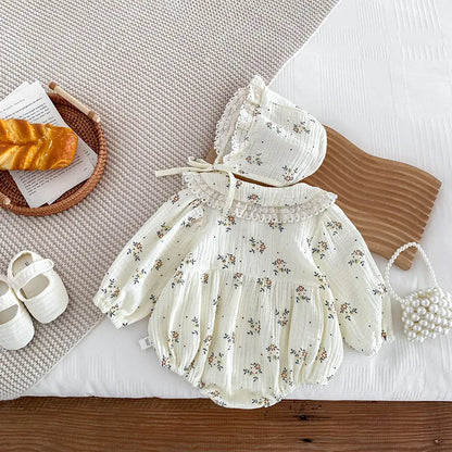 2023 frühjahr Neue Baby Kleidung Floral Body für Kleinkind Mädchen Kleinkind Peter Pan Kragen Langarm Ein Stück mit Hut 0-2 Y.