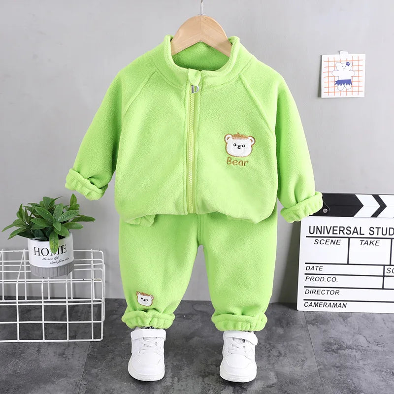 2025new winter girls plush set for boys casual sports two-piece set for baby toddler outdoor clothing sets.