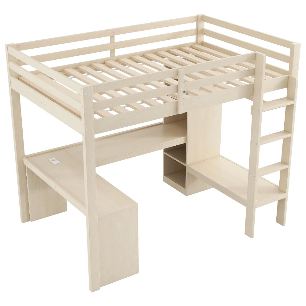 Modernes Kinder-Hochbett 140 x 200 mit Multifunktionsregalen, Unterbett-Schreibtisch, LED-Licht und USB, Kleiderschrank mit Stauraum, für Schlafzimmer