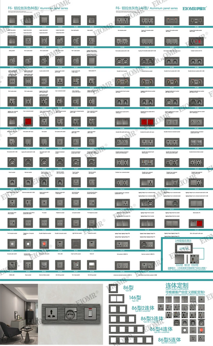 EIOMR Frankreich Standard-Steckdose, graue Aluminiumlegierung, Lichtschalter, RJ45, Fernseher, 220 V, 16 A, Wandsteckdosen für Haushaltsgeräte