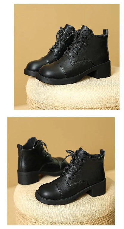 Women Short Boots 2025 Autumn Winter New Fashion Lace Up Vintage Middle Heel Shoes Outdoor Non Slip Height Increase Ankle Boots.