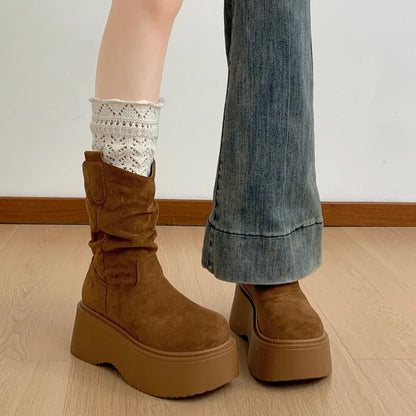 Chunky Platform Thick Sole Woman Ankle Boots Design Round Toe Slip On Shoes  2025 Autumn Winter Short Botas Para Mujer.