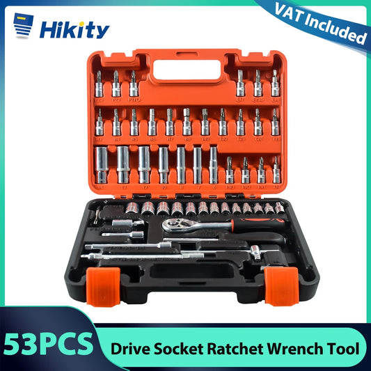 Hikity 53 Stück 1/4-Zoll-Antriebs-Steckschlüssel-Ratschenschlüssel-Werkzeug für die Reparatur von Autoreparaturen, Ratschen-Drehmomentschlüssel, Kombi-Reparaturwerkzeug