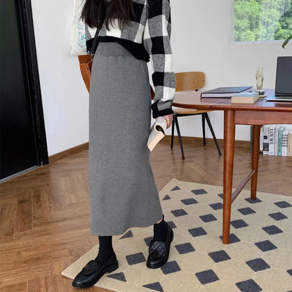 Temperament Black Slim Fit Long Skirt Women High Waist Knitted Straight One-Step Skirt Korean Fashion Office Lady Pencil Skirts.