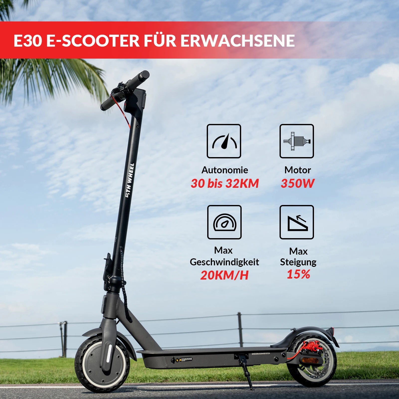 5TH WHEEL E30(ABE) Adult Electric Scooter 350W Motor 36V 7.5AH Battery City Electric Scooter 8.5" Solid Tires Foldable E-Scooter.