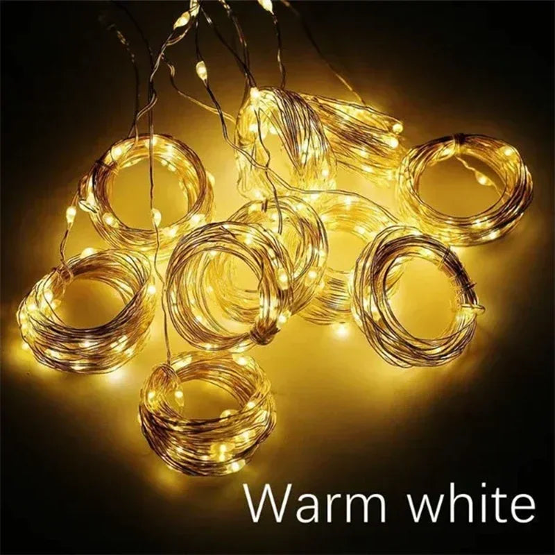 300 LED-Vorhang-Lichterkette, 8 Modi, USB-Stecker, Kupferdraht, Lichterkette für Schlafzimmer, Fenster, Weihnachten, Hochzeit, Party, warmweiß.