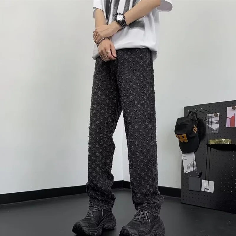 Jacquard All Over High Street Jeans Mens 2024 New Straight Lift Pattern Loose Wide Leg Jeans Casual Boyfriend Jeans Pants Tide.