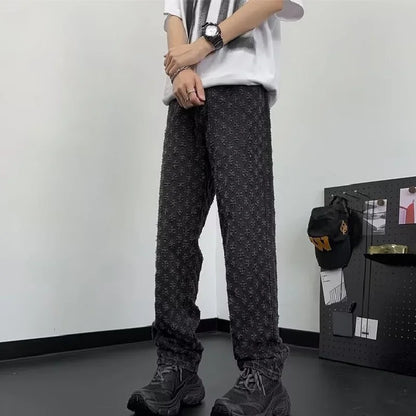 Jacquard All Over High Street Jeans Mens 2024 New Straight Lift Pattern Loose Wide Leg Jeans Casual Boyfriend Jeans Pants Tide.
