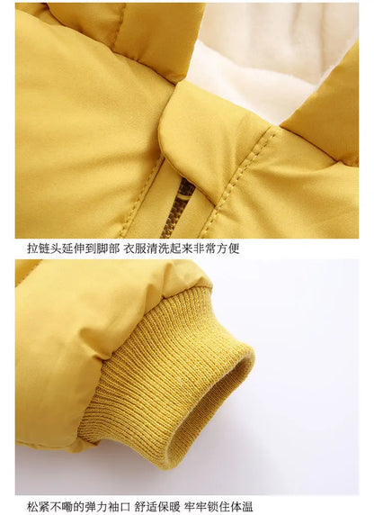 Winter Neue Baby Strampler Jungen Mädchen Patchwork Dicke Plus Samt Overalls Winddicht Mit Kapuze Overalls Schneeanzug Ein Stück Body