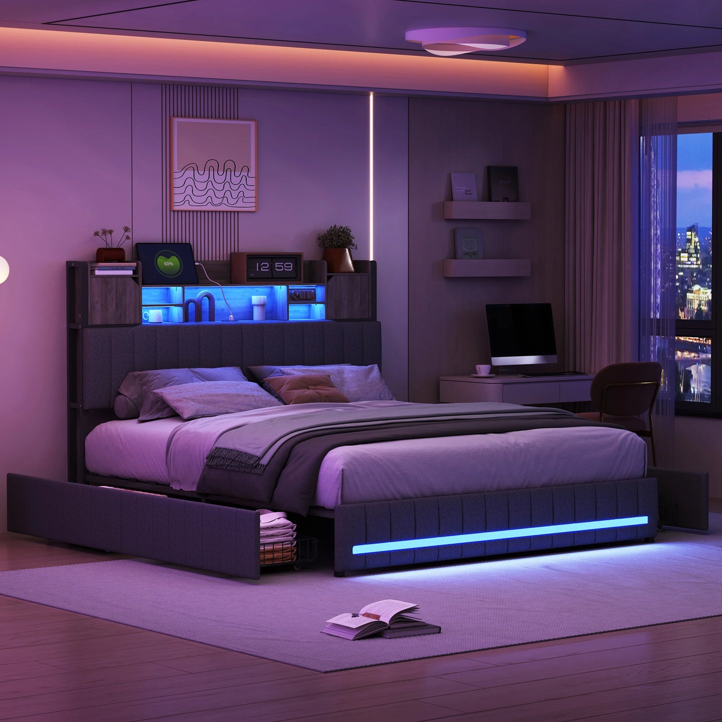 Rosahqnda gepolstertes Doppelbett mit LED-Kopfteil und USB-Anschluss, Stauraumbett mit 4 Schubladen, Leinen, ohne Matratze