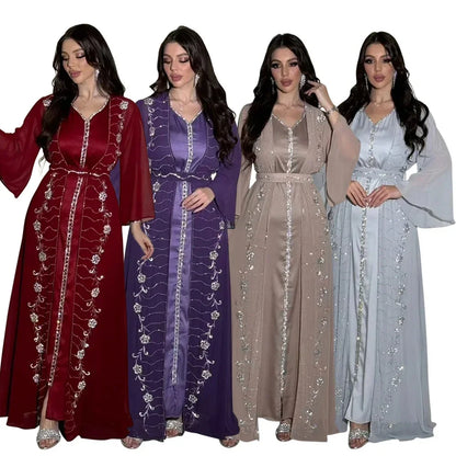 Autumn Fashion Muslim Dresses for Women Muslim Long Sleeve V-neck Party Evening Long Abay Dress Suit Inner and Abaya Outfits.