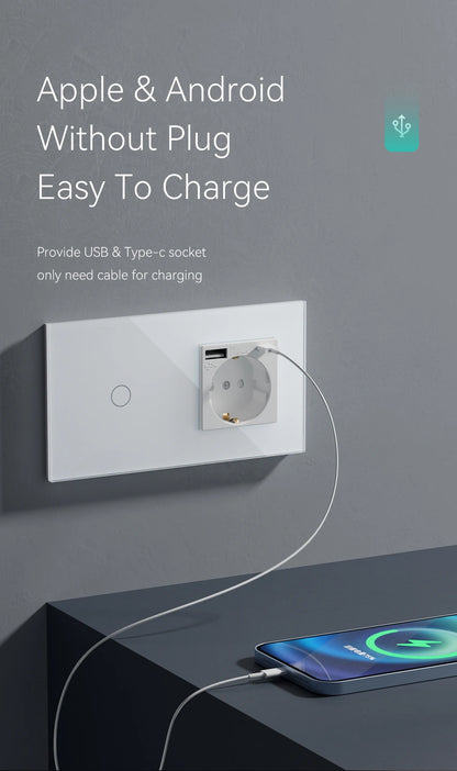 BSEED Wifi Touch Schalter Wand Licht Schalter Mit EU Buchse USB Typ-C Stecker Tuya Smart Leben Alexa Yandex App Steuerung Glas Panel.