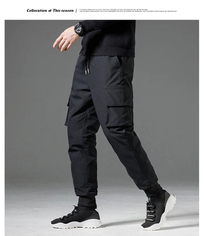 Winter Down Pants Men's Casual Waterproof Zipper Pocket Thick 90% Duck Down Cargo Pants Male Jogger Outdoor Warm Sports Pants.
