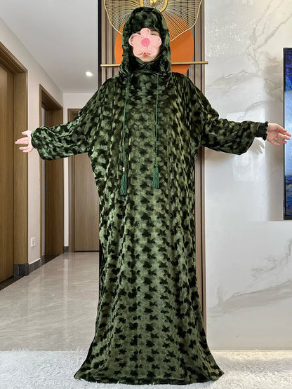 High Quality Velvet Fabric 2025 Ramadan Muslim Lady's Abaya Two-Hats Dubai Turkey Style Islamic Prayer Clothing Kaftan Dress.
