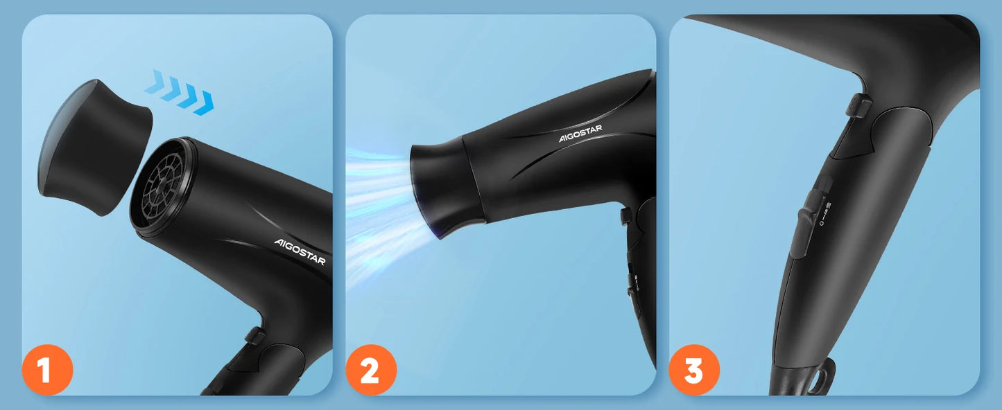 Aigostar Ionic Hair Dryer, Travel Hair Dryer with Foldable Handle, 2 Speeds and 3 Temperature Settings, 2400 W