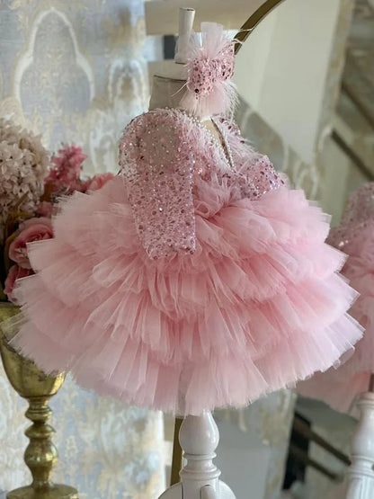 Wunderschönes und elegantes langärmliges Mädchenkleid mit V-Ausschnitt und Pailletten für Kinderklavieraufführungen, Laufsteg-Performance-Mesh-Kuchenkleid.