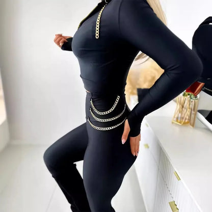 Two Piece Pant Sets Women Zipper Jackets Chain Slim Fit Full Sleeve Zipper Coats Solid High Waist Pencil Pants Suits Sporty.