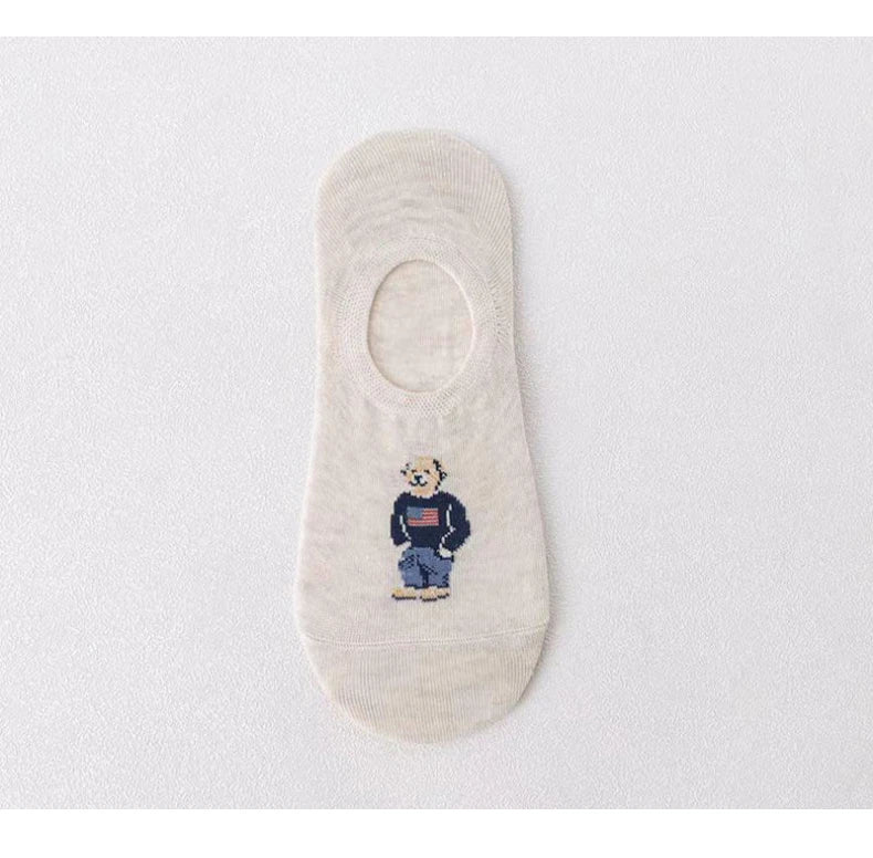 5 Pairs of Super Cute Bear Embroidered Cartoon Bear Boat Socks, Soft and Comfortable, Sweat Wicking and Versatile Short Socks.