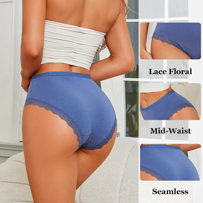 FINETOO 5Pcs Women Cotton Lace Underwear Sexy Seamless Breathable Panties Plus Size Mid-Waist Briefs Female Solid Soft Lingerie.