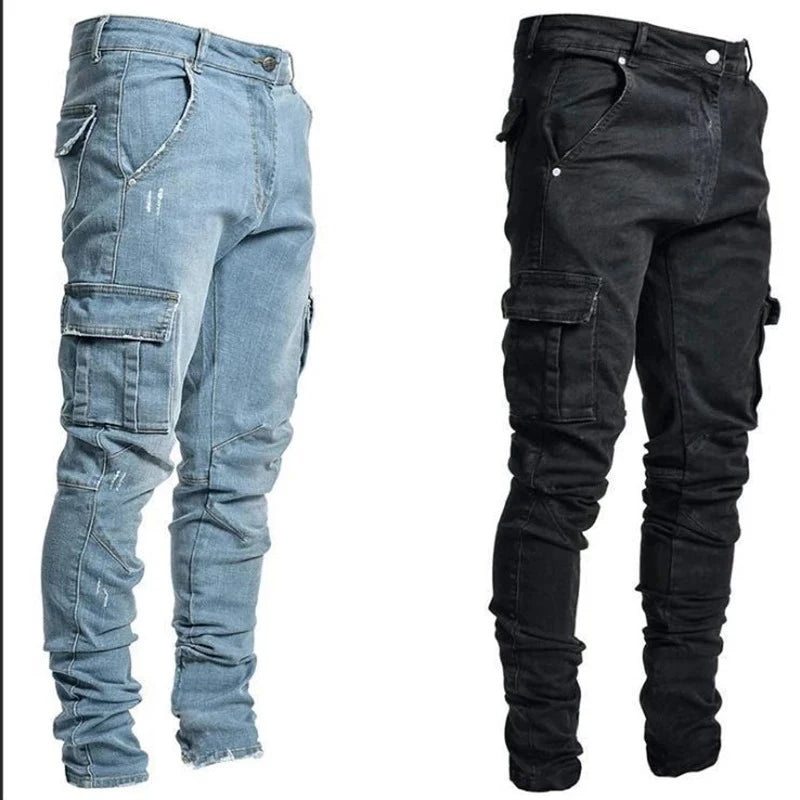 Männer Straße elastische Jeans Jeans waschen einfarbige Multi-Taschen Cargo hose lässig Slim Fit täglich tragen Jogger mittlere Taille Hose.