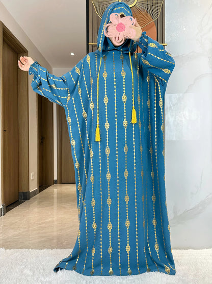 High Grade Cotton Fabric Ramadan Muslim Two-Hat Abaya Dubai Turkey Islam Prayer Clothes Gold Dust Dress Islam Women Dress Kaftan.