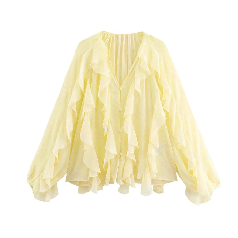 Women Fashion With Ruffles Semi-sheer Blouses V Neck Long Sleeve Button-up Female Shirts Chic Tops.