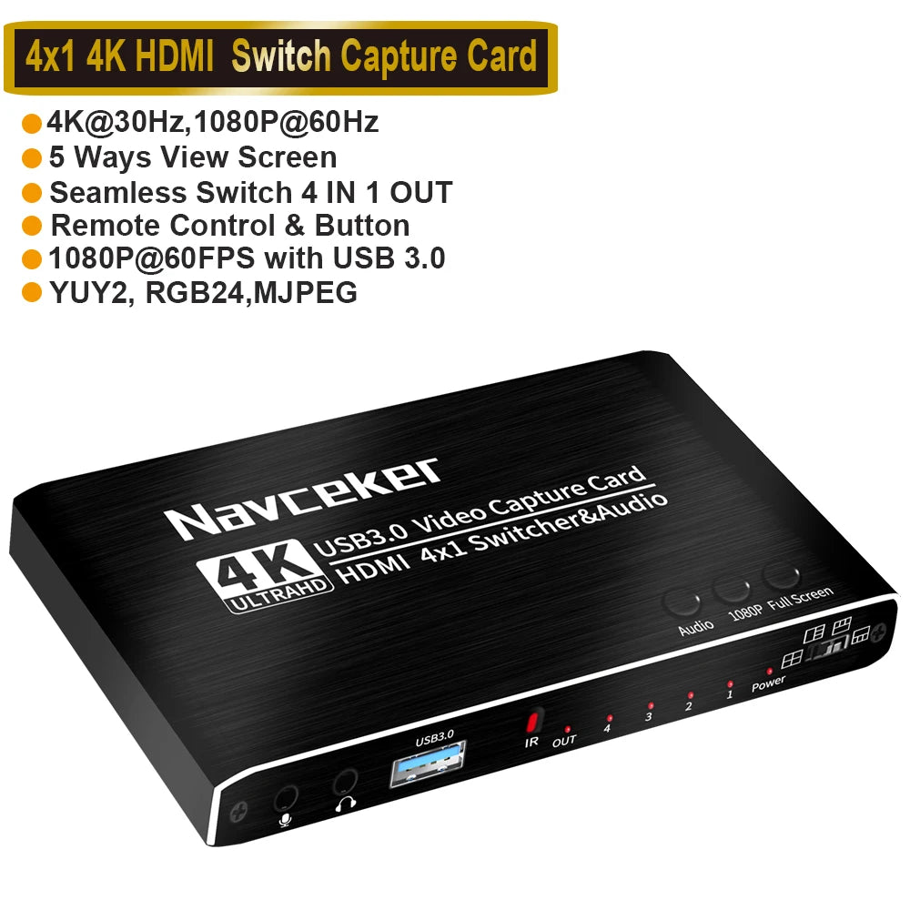 Navceker 4K Pro USB 3.0 Video Capture Card HDMI-compatible 1080P 60fps HD Video Recorder Grabber For OBS Capturing Game Live.